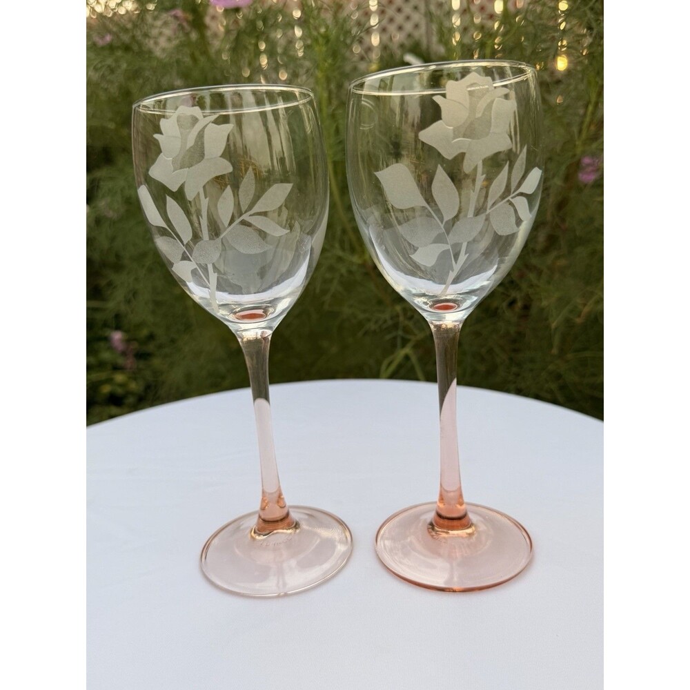 Vintage Cristal D’Arques Luminarc France Blush Pink Stem Rose Wine Glasses Pair